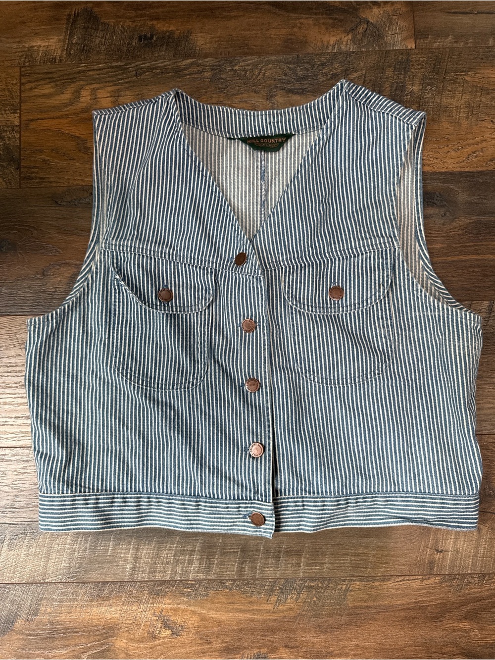 Vintage Blue Striped Sleeveless Button-Front Crop Top denim vest
